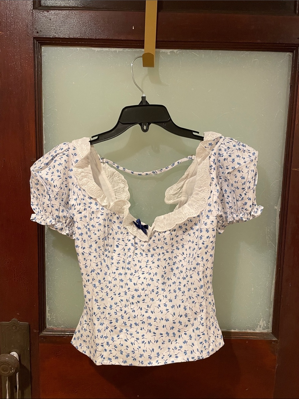 Reformation White Puff Sleeve Blouse with Blue Floral Print